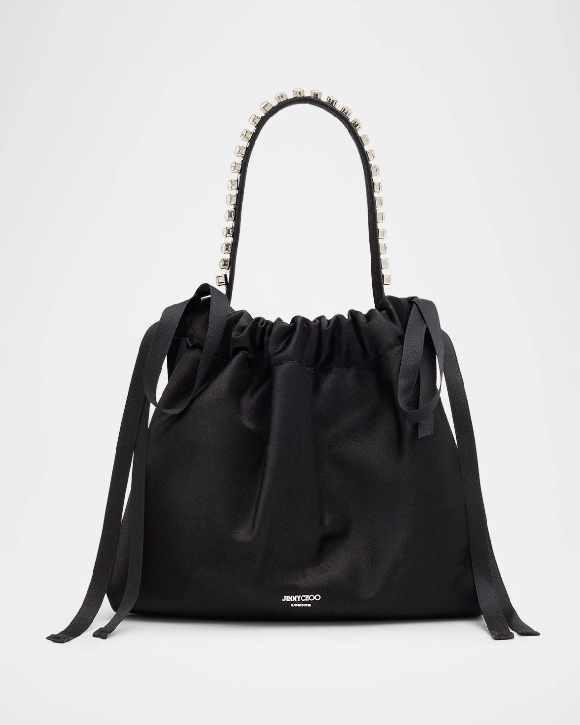 Jimmy Choo Drawstring Mini Top Handle Bow-Embellished Black Satin Shoulder Bag