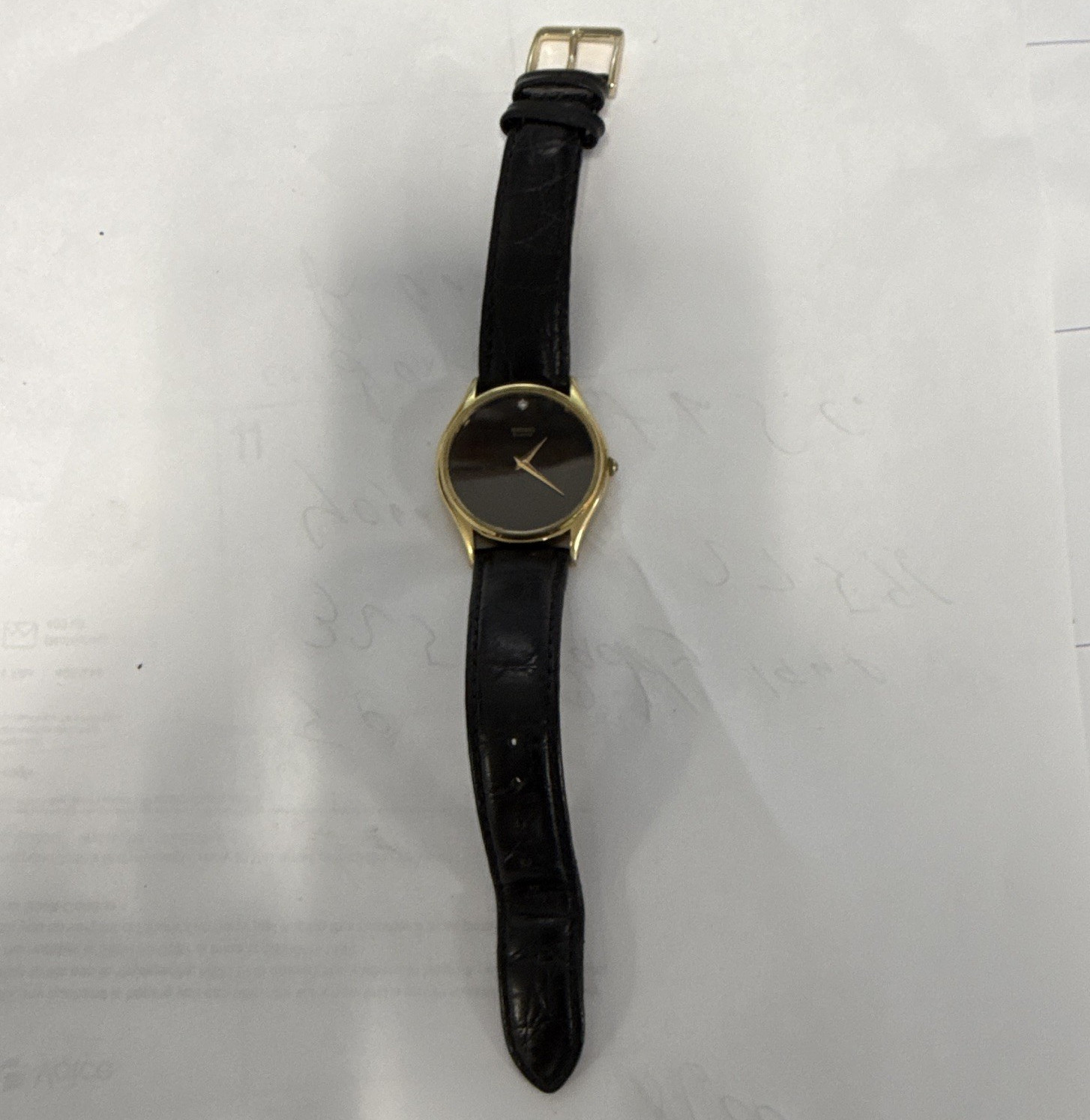 Seiko Quartz Vintage Dress Watch Black Dial Gold Case Black Leather Strap 26mm
