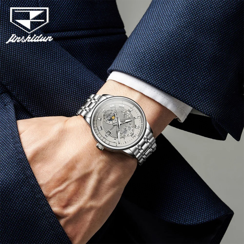 Automatic Mechanical Waterproof Watch Men’s Moon Phase Luxury Date Men Strap