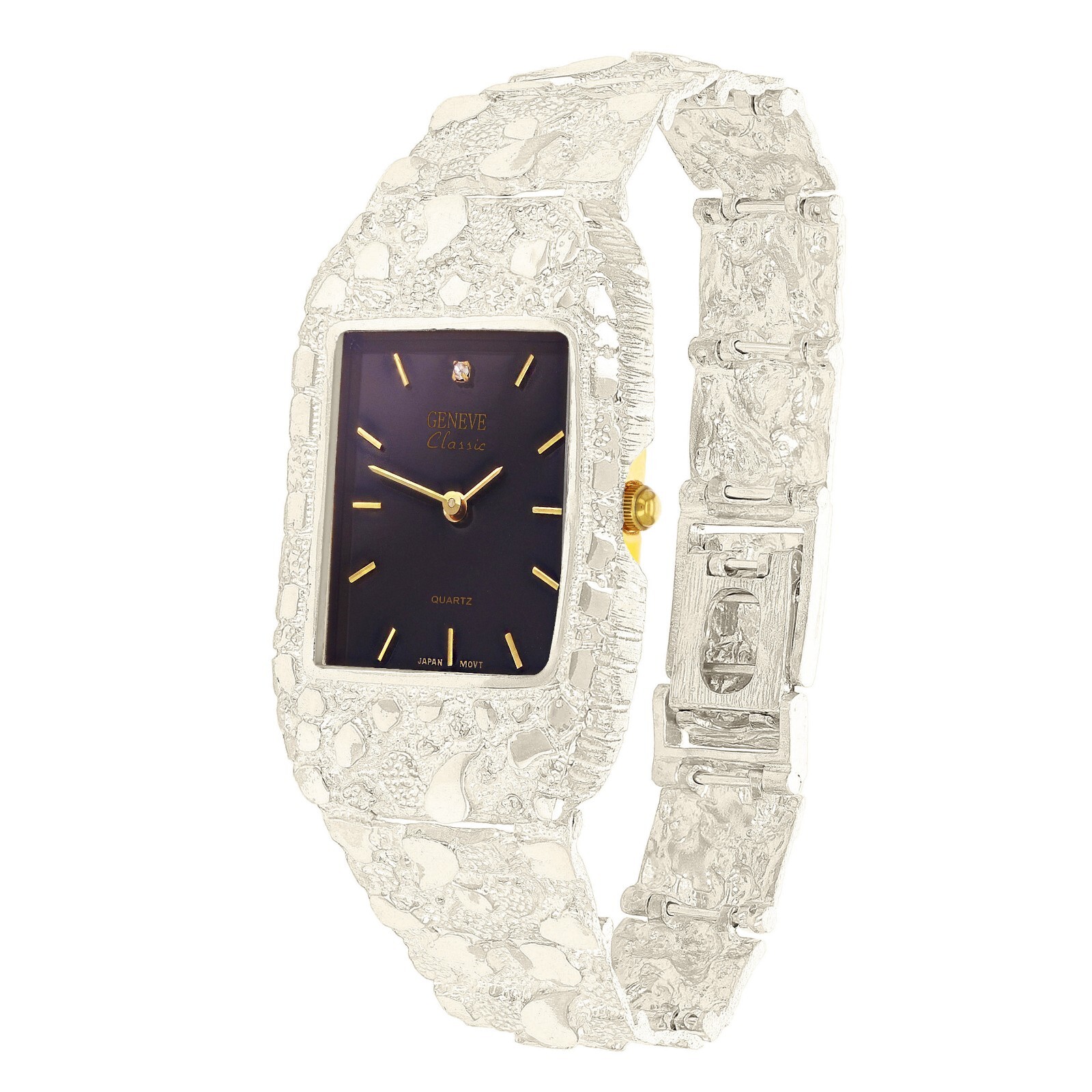925 Sterling Silver Nugget Link Watch Bracelet Geneve with Diamond 7.5-8″ 47gram