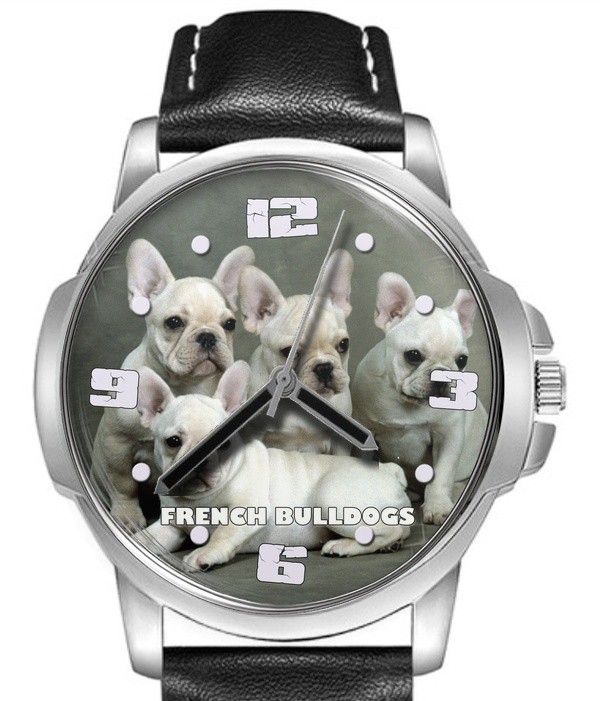 French Bulldog Puppies Leather Strap Big Dial Gift Wrist Watch