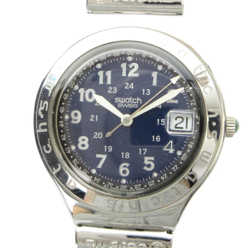 Used Swatch Irony Watch Blue Dial Calendar Silver Stainless Steel Case Used