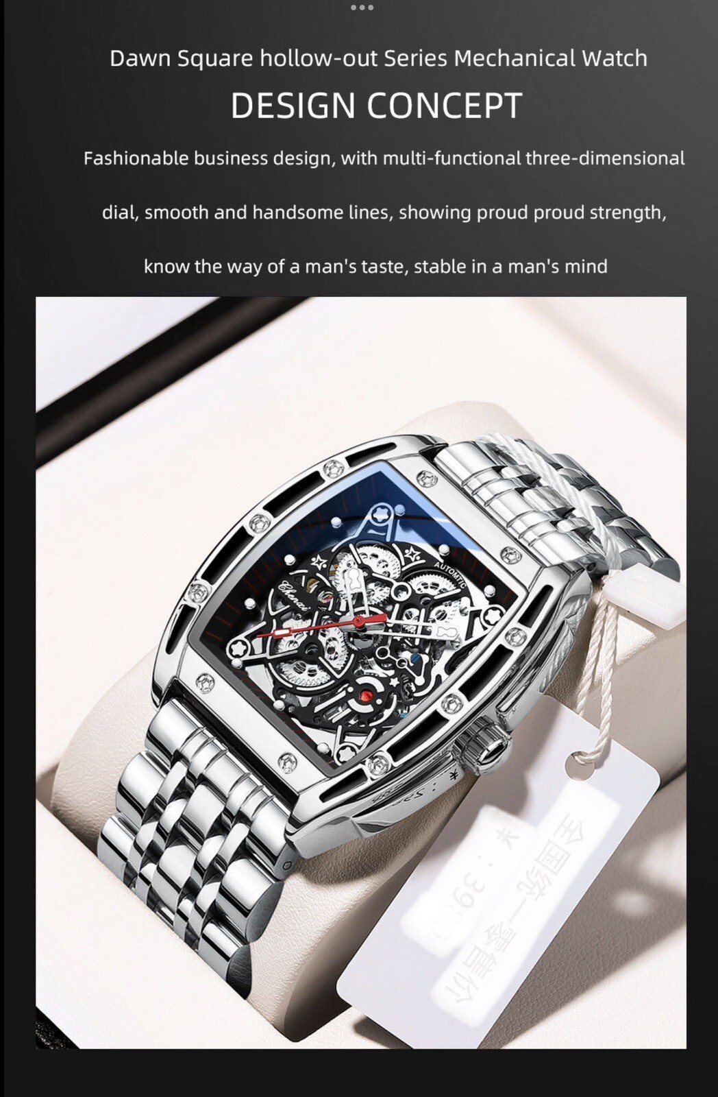 CHENXI Men’s Skeleton Automatic Mechanical Tonneau Shaped Watch Waterproof Gift