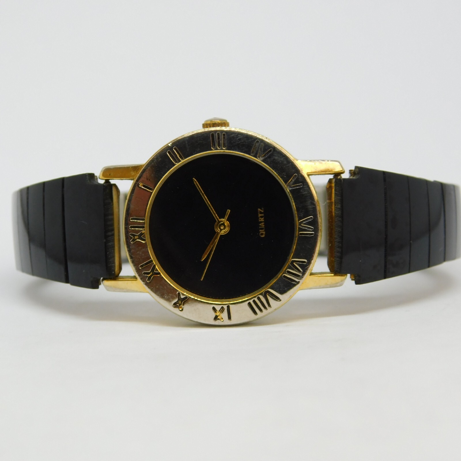 Black-Tone Stones Inlay Quartz Analog Women’s Watch Sz. 6″ New Battery