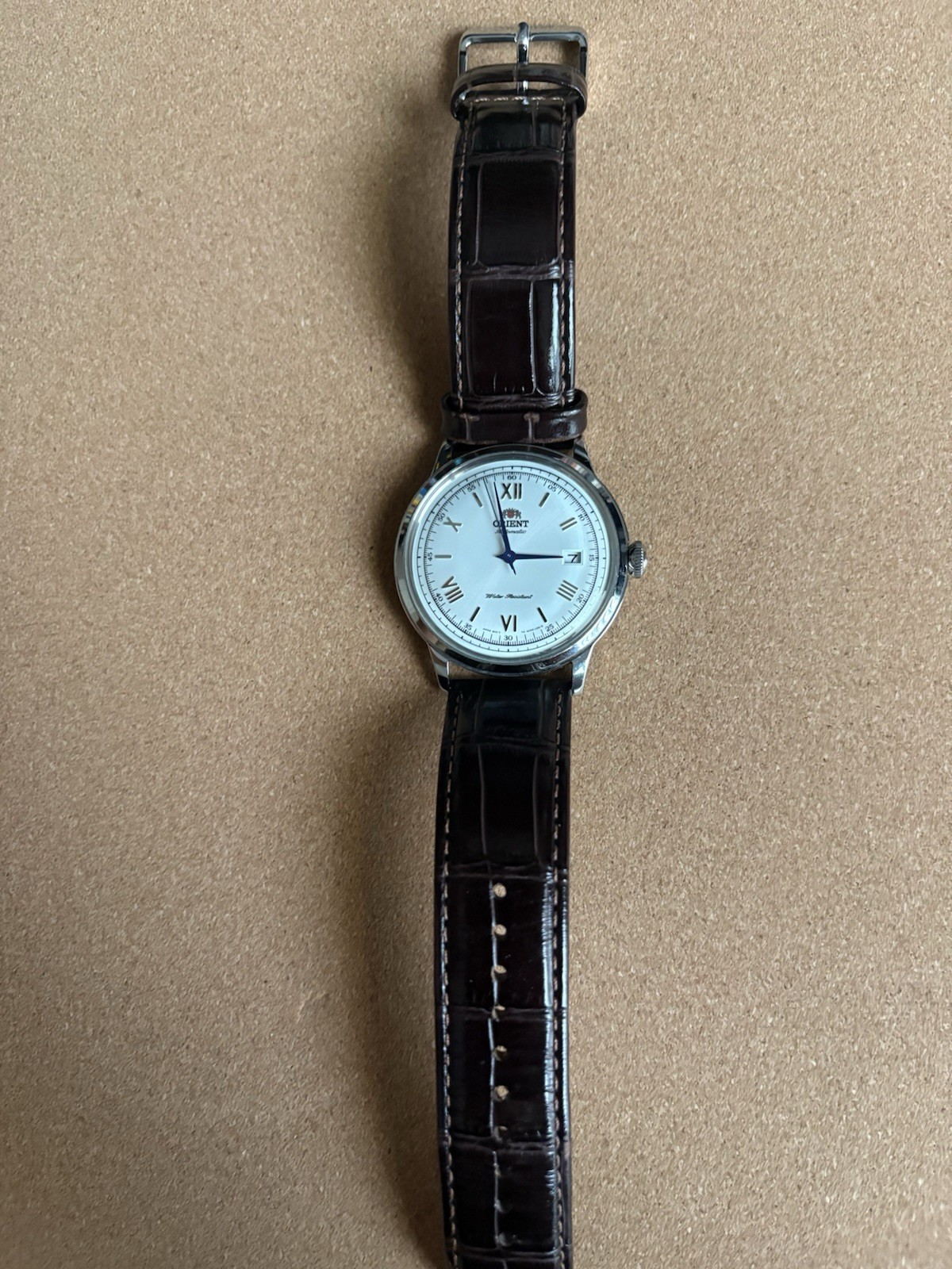 Orient Bambino Automatic Watch White Dial, Blue Hands, Brown Leather Strap Date
