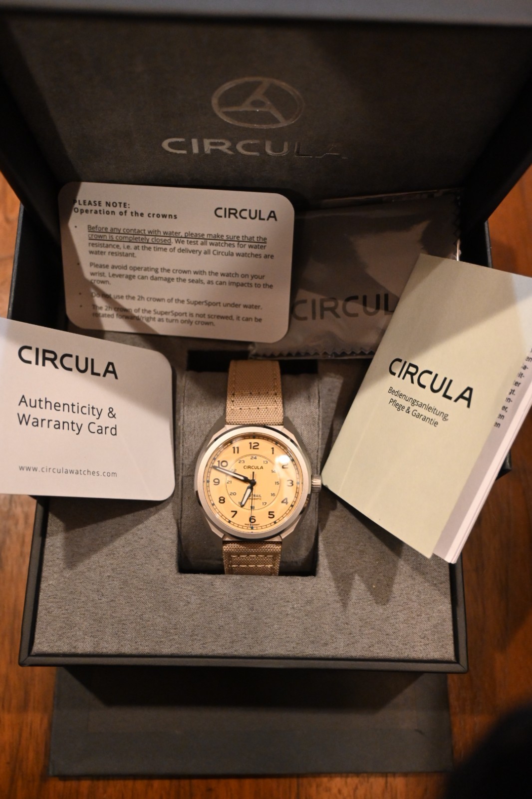 Circula Pro-Trail Sand, pre-owned with original box, papers, strap.
