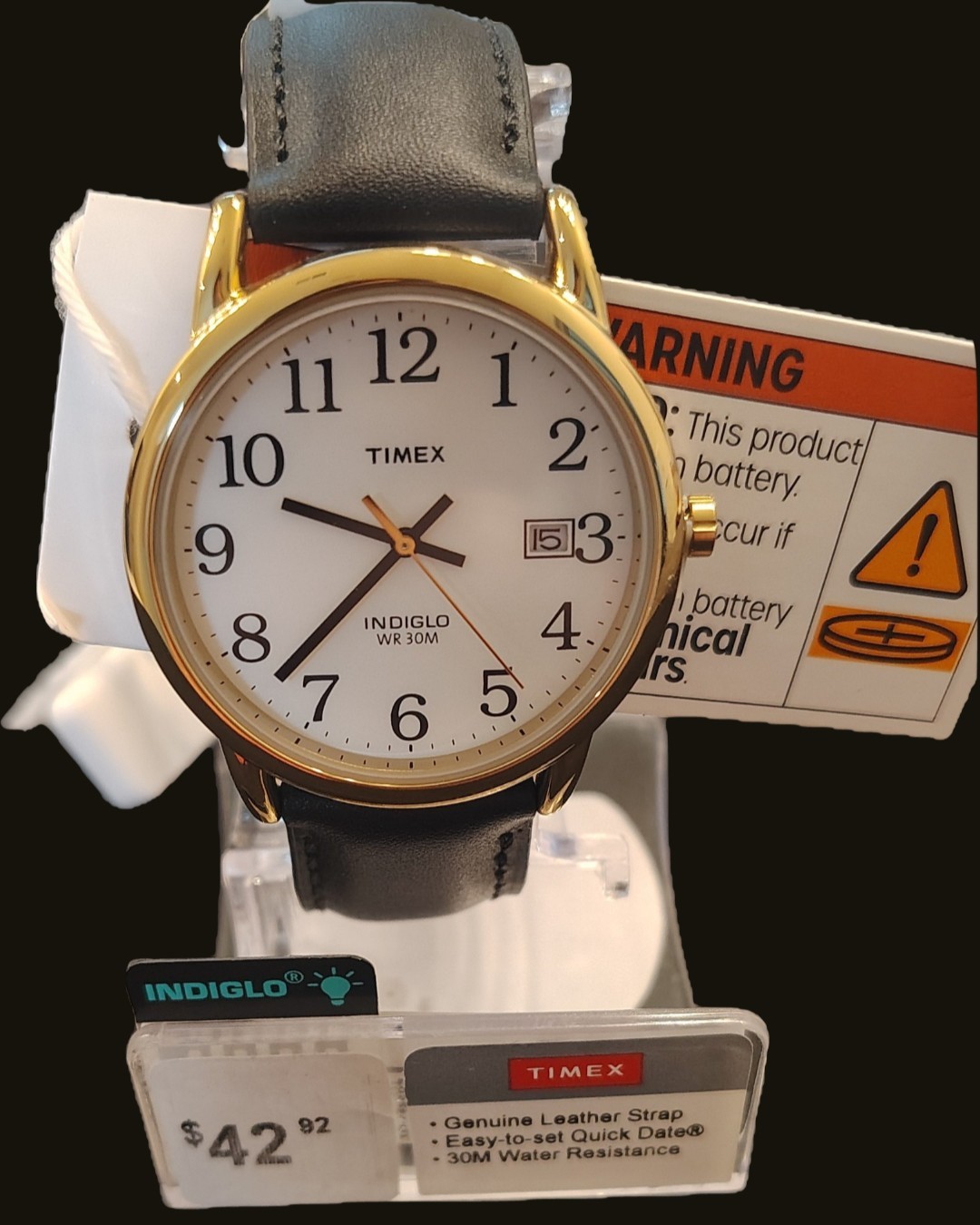 Timex Men’s Easy Reader T2H291 35mm Watch Indiglo White Dial Black Leather Band