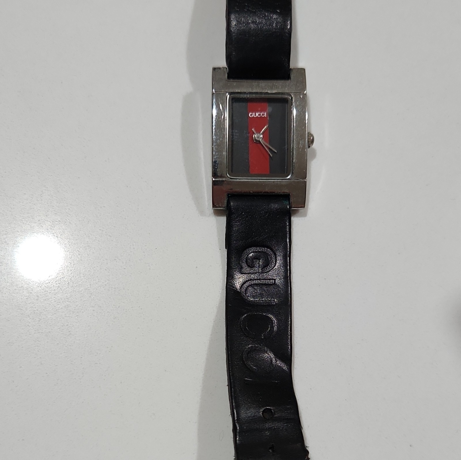 Gucci Rectangular Quartz Women’s Watch Silver Steel Case Black Leather Strap