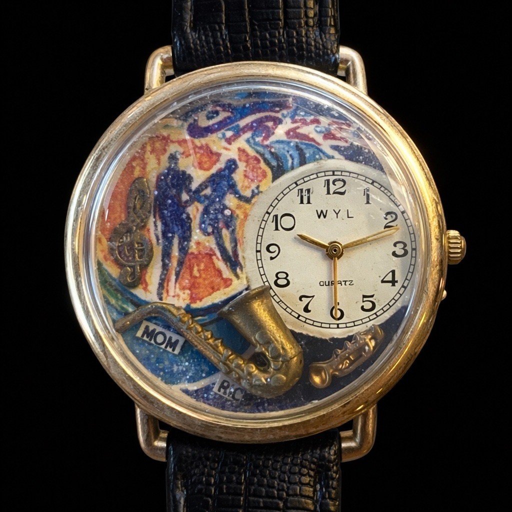 WYL Quartz Jazz Theme Watch Gold Tone Miniature Saxophone Leather Untested
