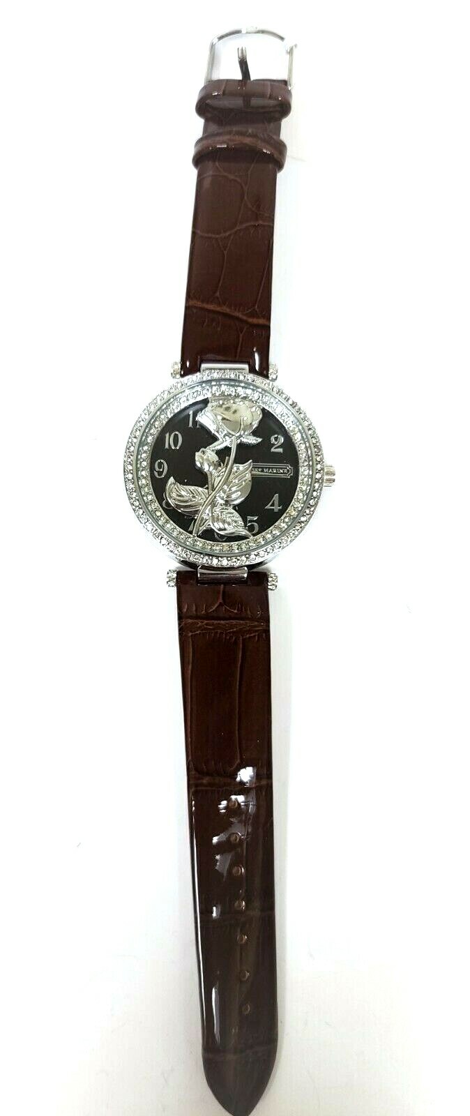 SKY MARINE SILVER,GOLD,ROSE CRYSTALS 3D ROSE FLOWER,PATENT LEATHERETTE WATCH