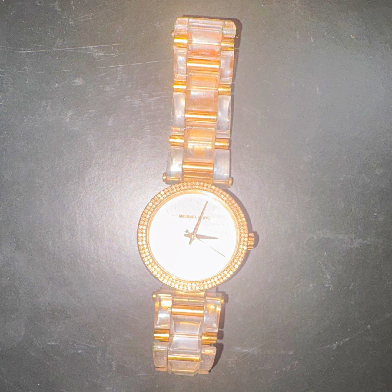 Michael Kors Women’s Quartz Watch Crystal Bezel White Dial Gold/Clear Bracelet