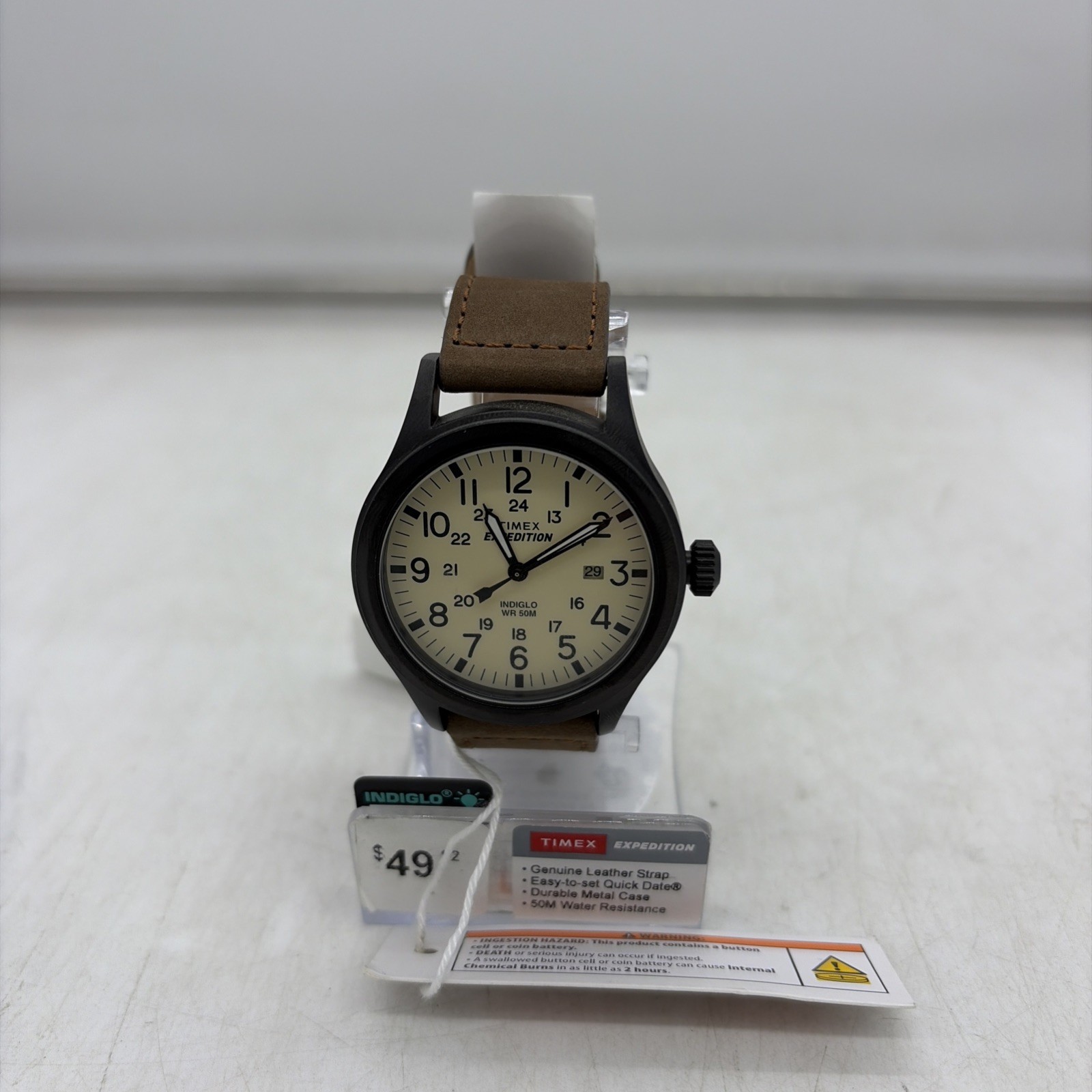 Timex T49963, Men’s Expedition Scout Brown Leather Watch, Date, Indiglo, NEW