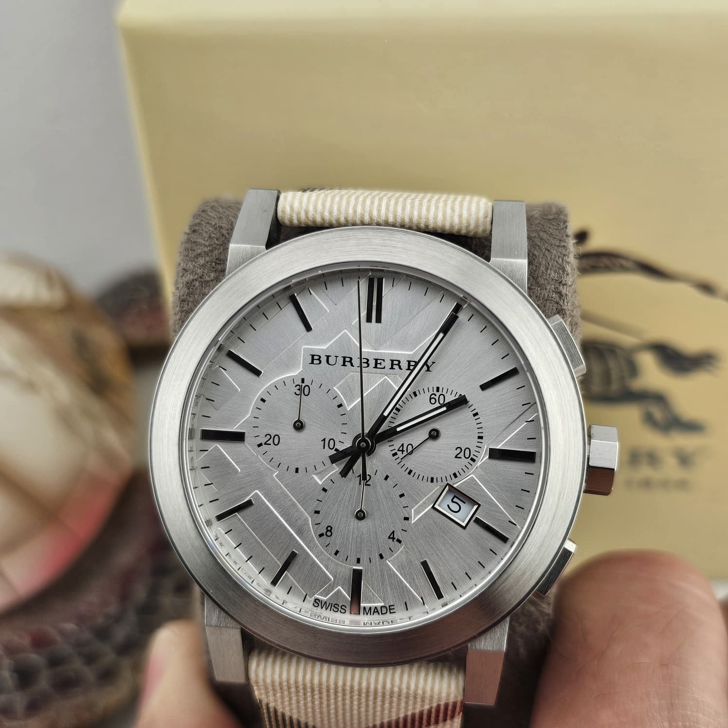 BURBERRY MENS WATCH NOVA CHECK FABRIC STRAP AND SILVER DIAL BU9357 GENUINE