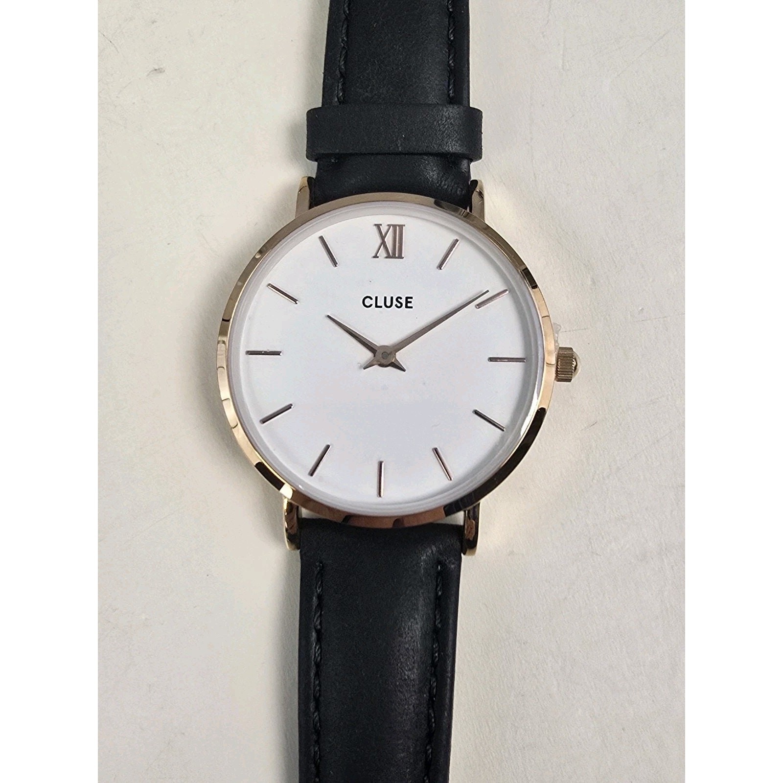 Cluse Women’s Minuit White Dial Black Leather Rose Gold Case Watch CL30003 NWT
