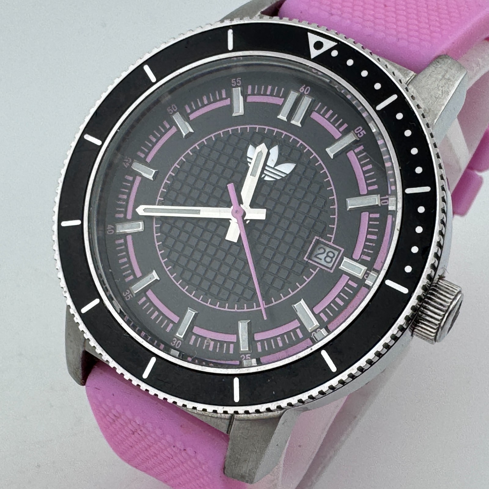 Adidas Quartz Watch Women 50m Silver Steel Pink Black Fixed Bezel New Battery