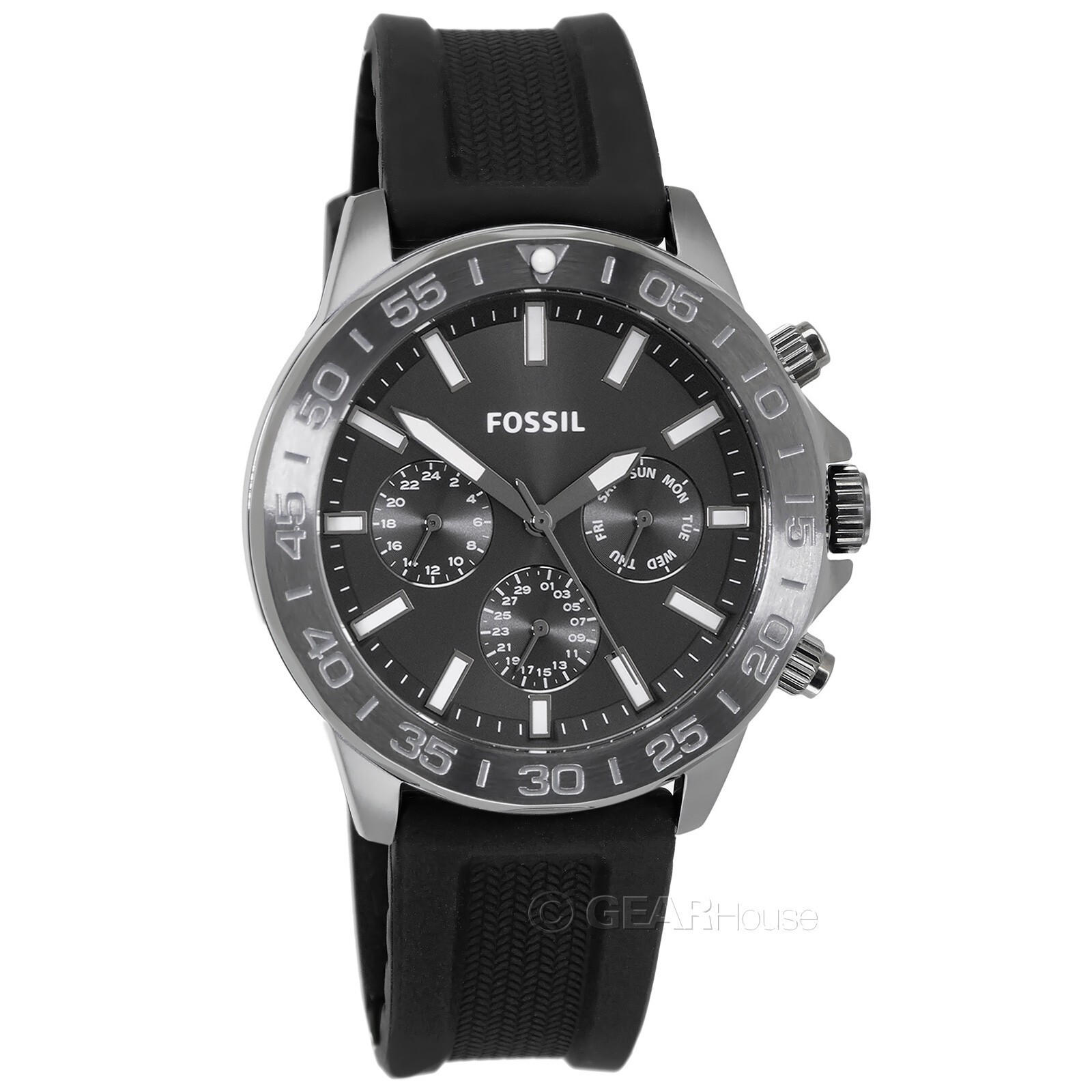 FOSSIL Bannon Mens Dark Gray Multifunction Watch, Day Date, Black Silicone Band
