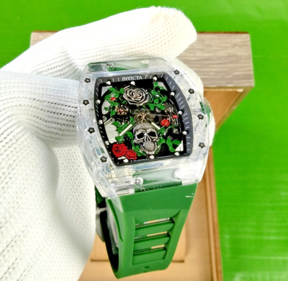 Invicta Roseskull Artist Automatic Men Watch 69497 K9 Glass Case Grn Strap WR30M