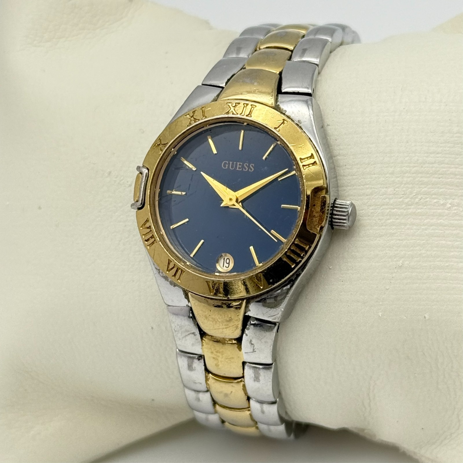 Women’s GUESS WaterPro Two Tone 25mm Blue Dial Bracelet Watch, Date, G86050L