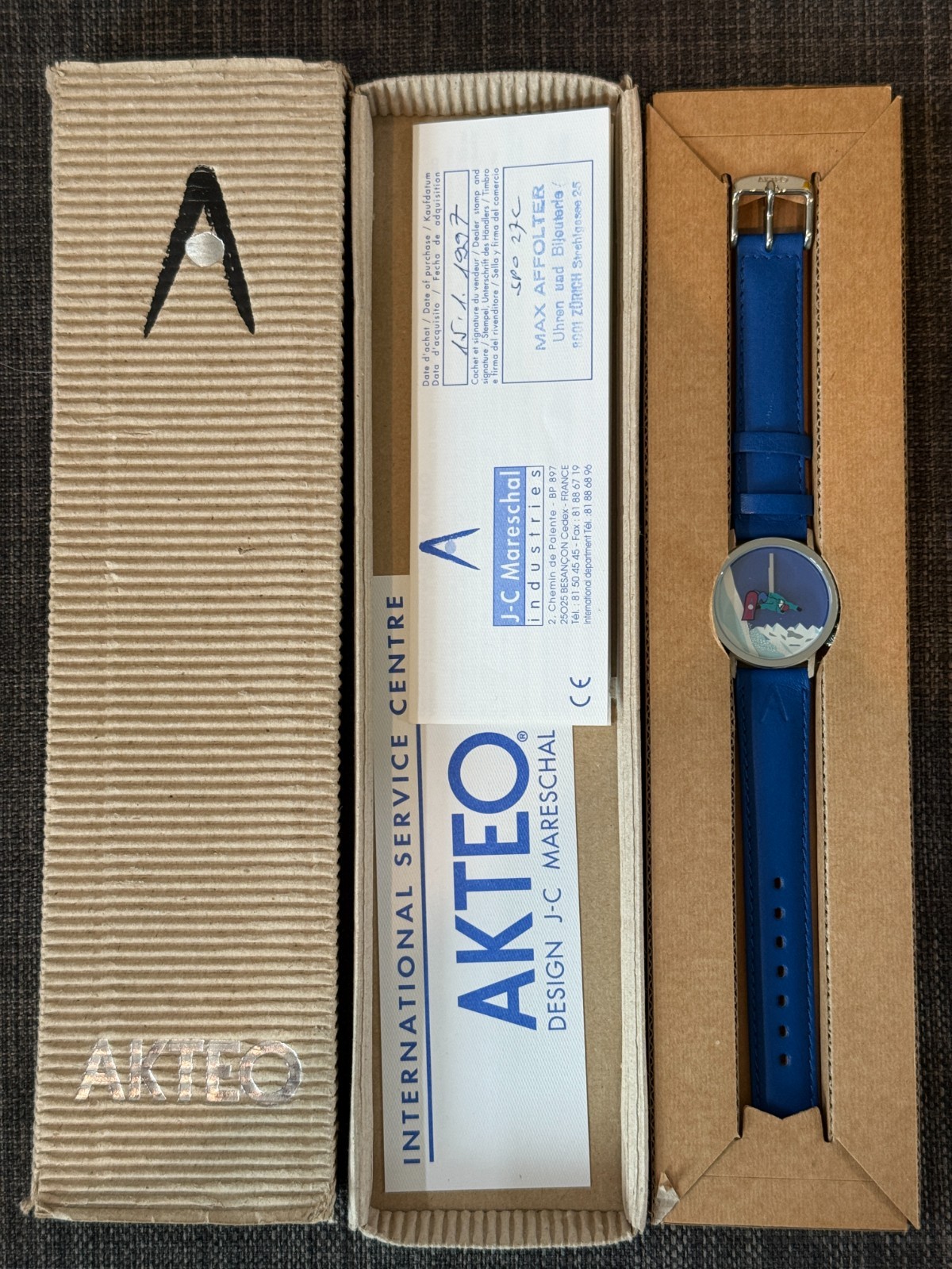 Vtg 1997 J C Mareschal Design Akteo “Snow Boarder” Watch w/ box & paperwork