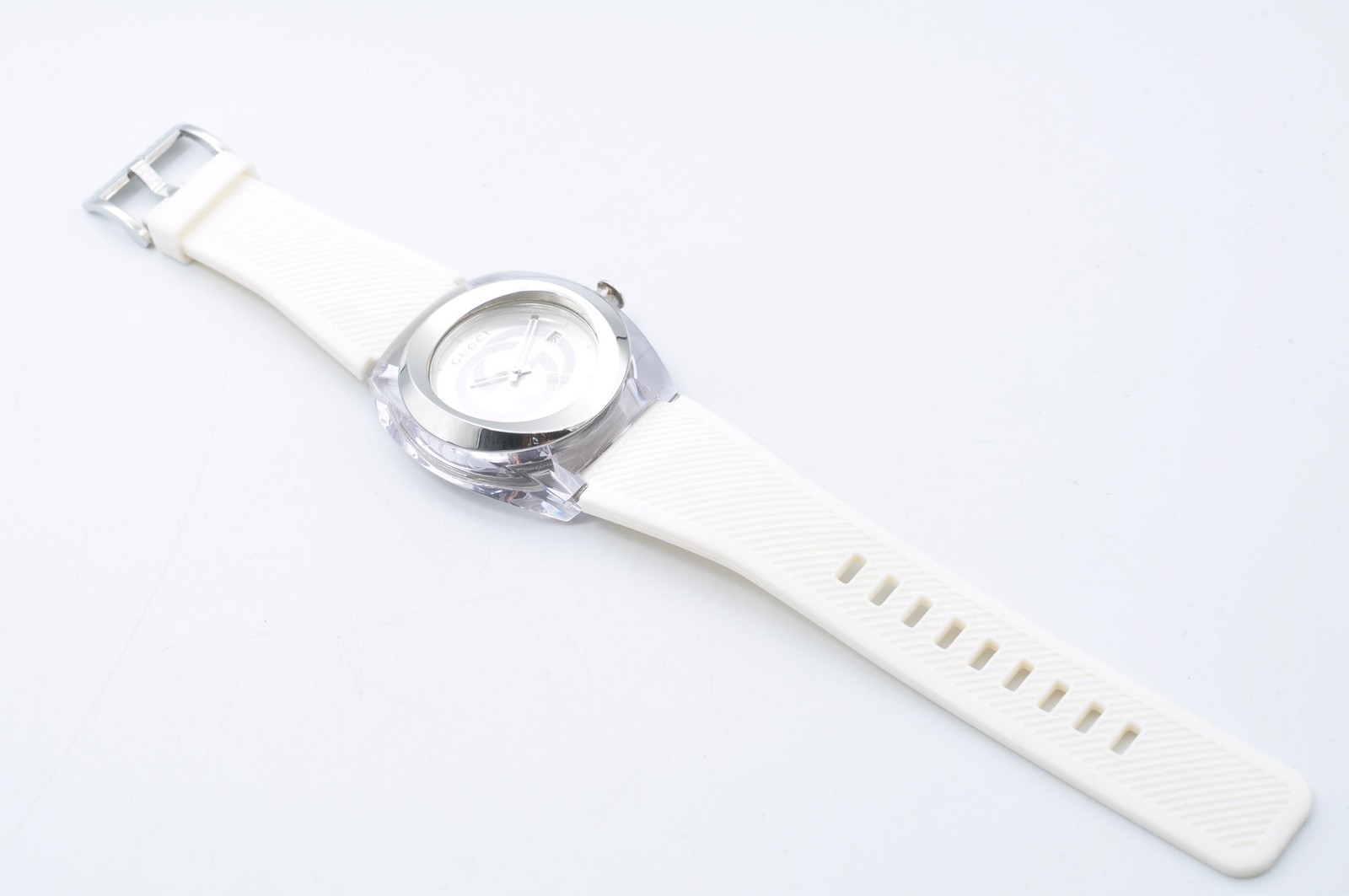 GUCCI 137.1 SYNC Quartz WatchTransparent Resin Men’s White Rubber Auth w-1051