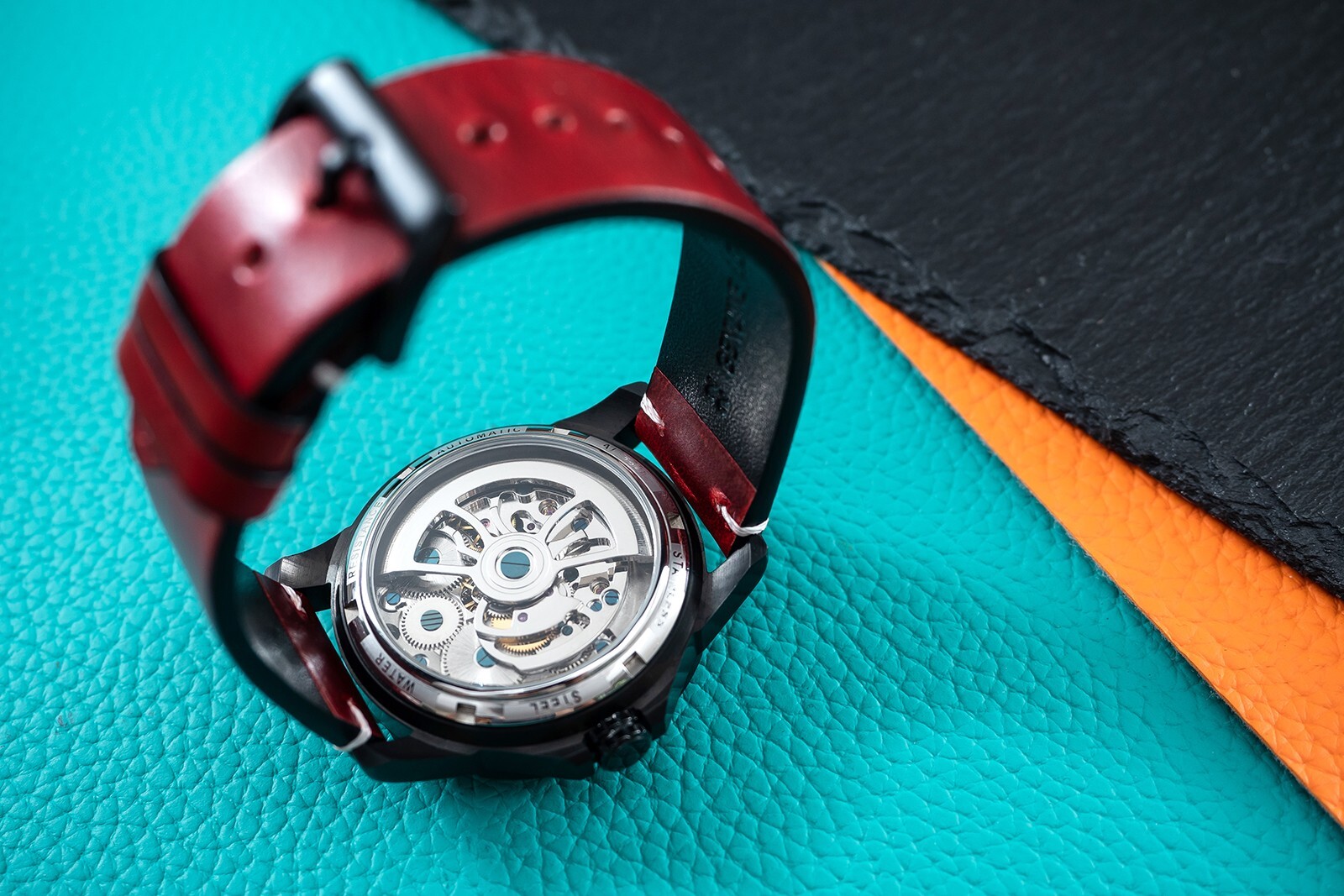Mens Black Double Flywheel Automatic Mechanical Watch Oil Waxed Dark Red Leather