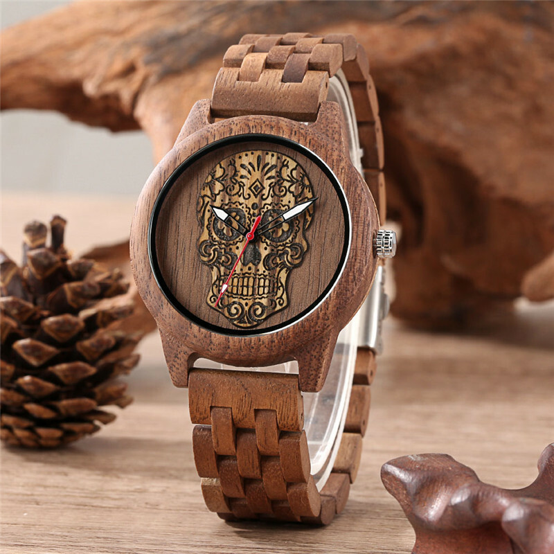 Antique Nature Wood Skull Dial Men’s Wooden Quartz Analog Wristwatch Bamboo Band