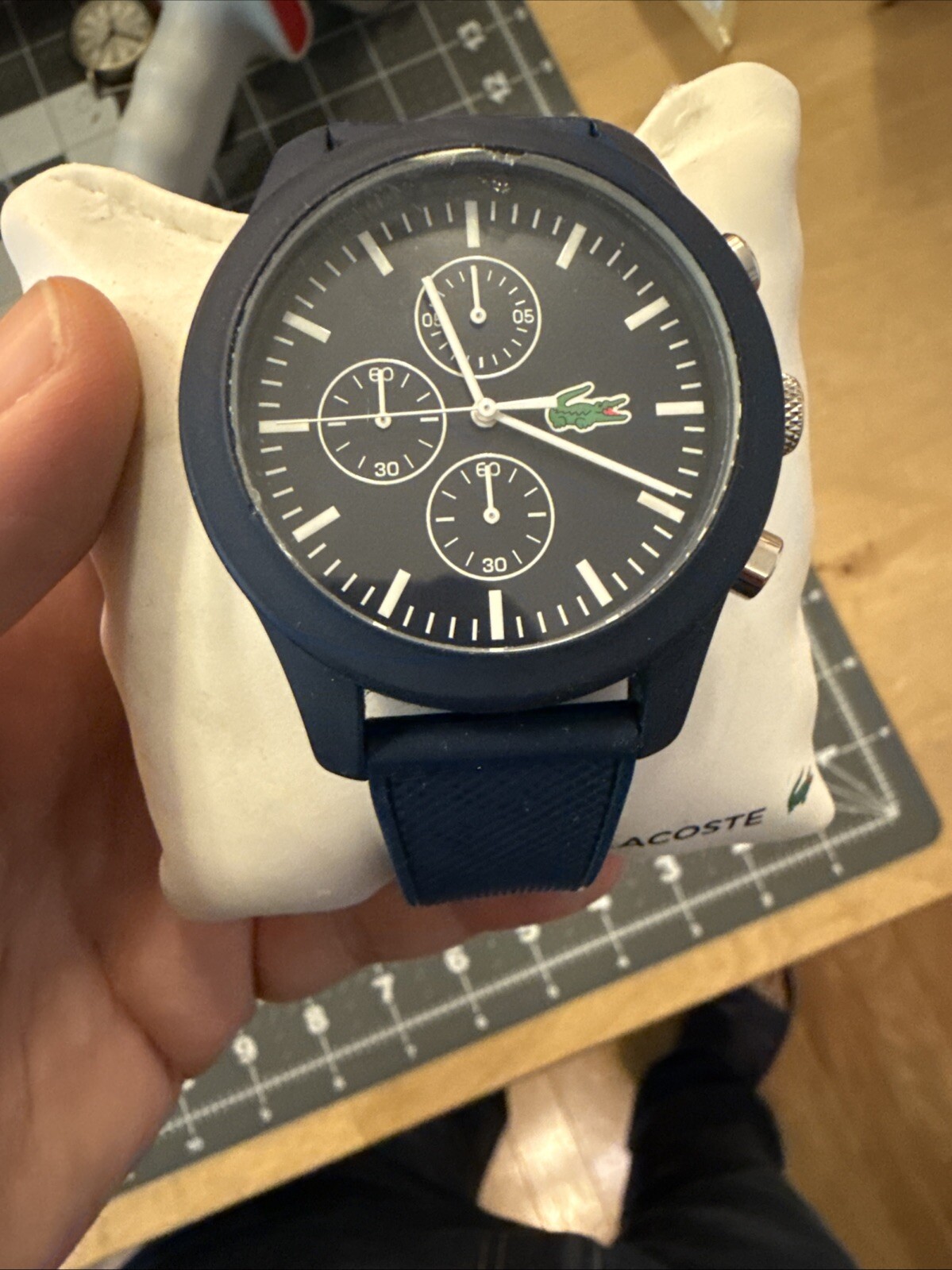 Lacoste 12.12 Chronograph Watch Men 43mm Blue Dial Blue Case Round Rubber StrapA