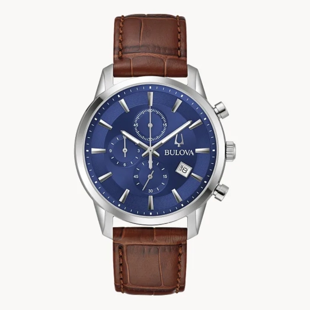 Bulova Classic Men’s Quartz Sutton Chronograph Date Blue Dial Brown Leather 41mm