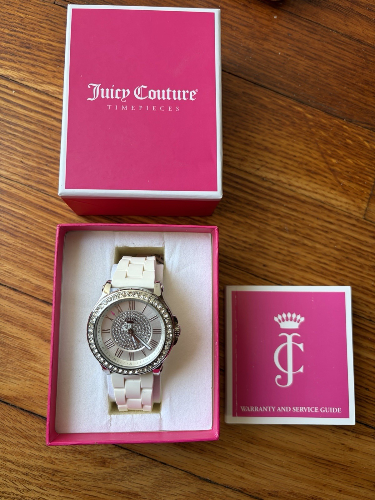 Juicy Couture Women’s Wristwatch White Silicone Band Silver Crystal Bezel 30m