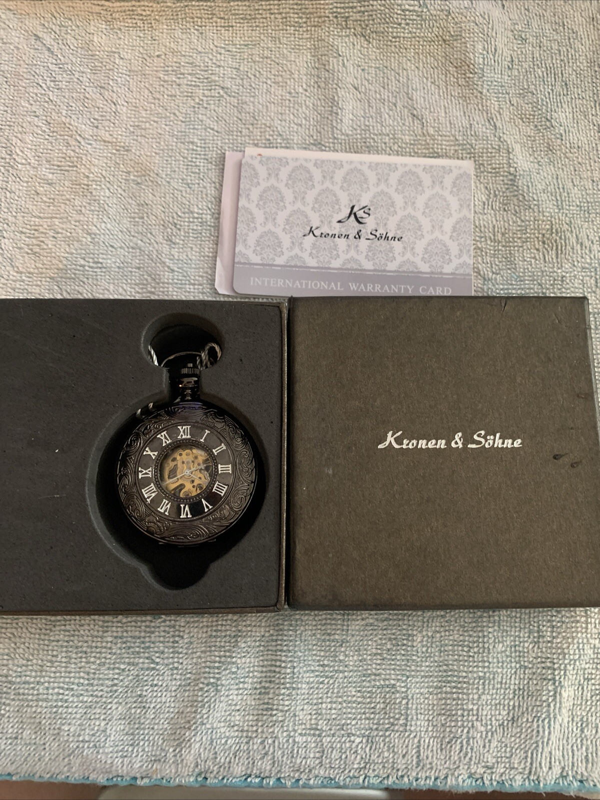 Kronen & Sohne Black Mechanical Pocket Watch In Original Box W Fob Chain