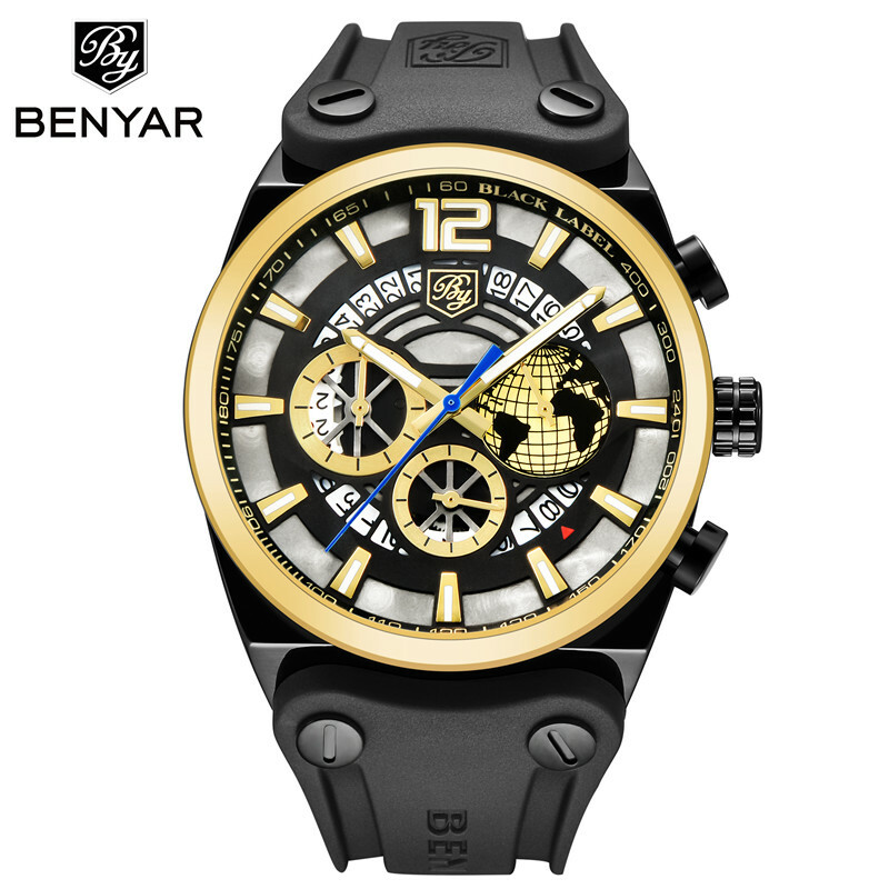 Luxury BENYAR 5141M Men Quartz Watch Chronograph Date Waterproof Rubber Leather