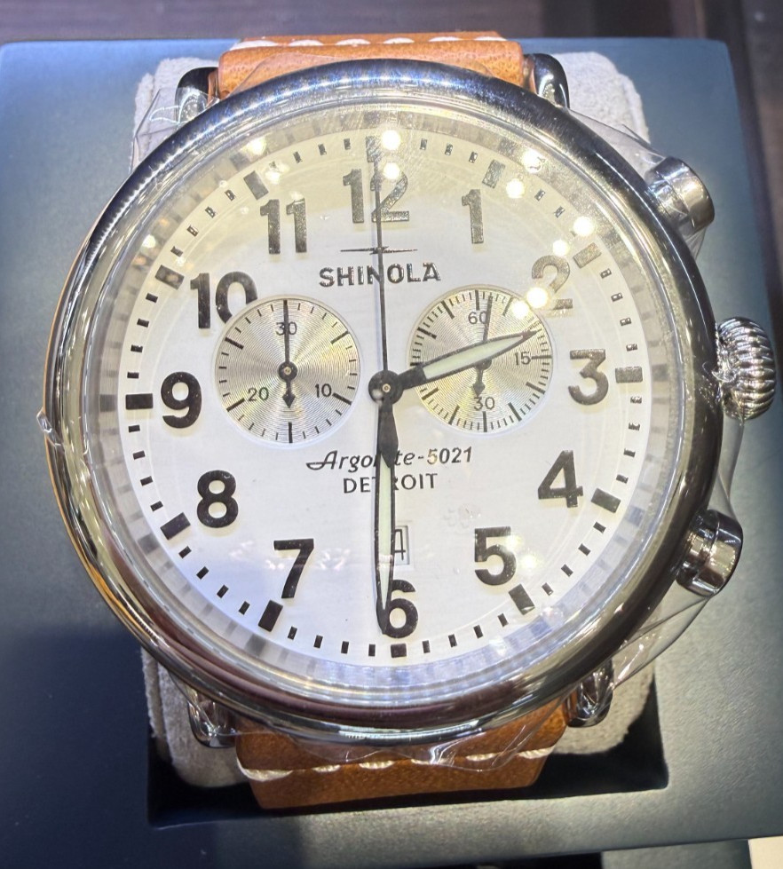 Shinola Runwell Chronograph 47mm White Dial Leather Band Watch S0120299732