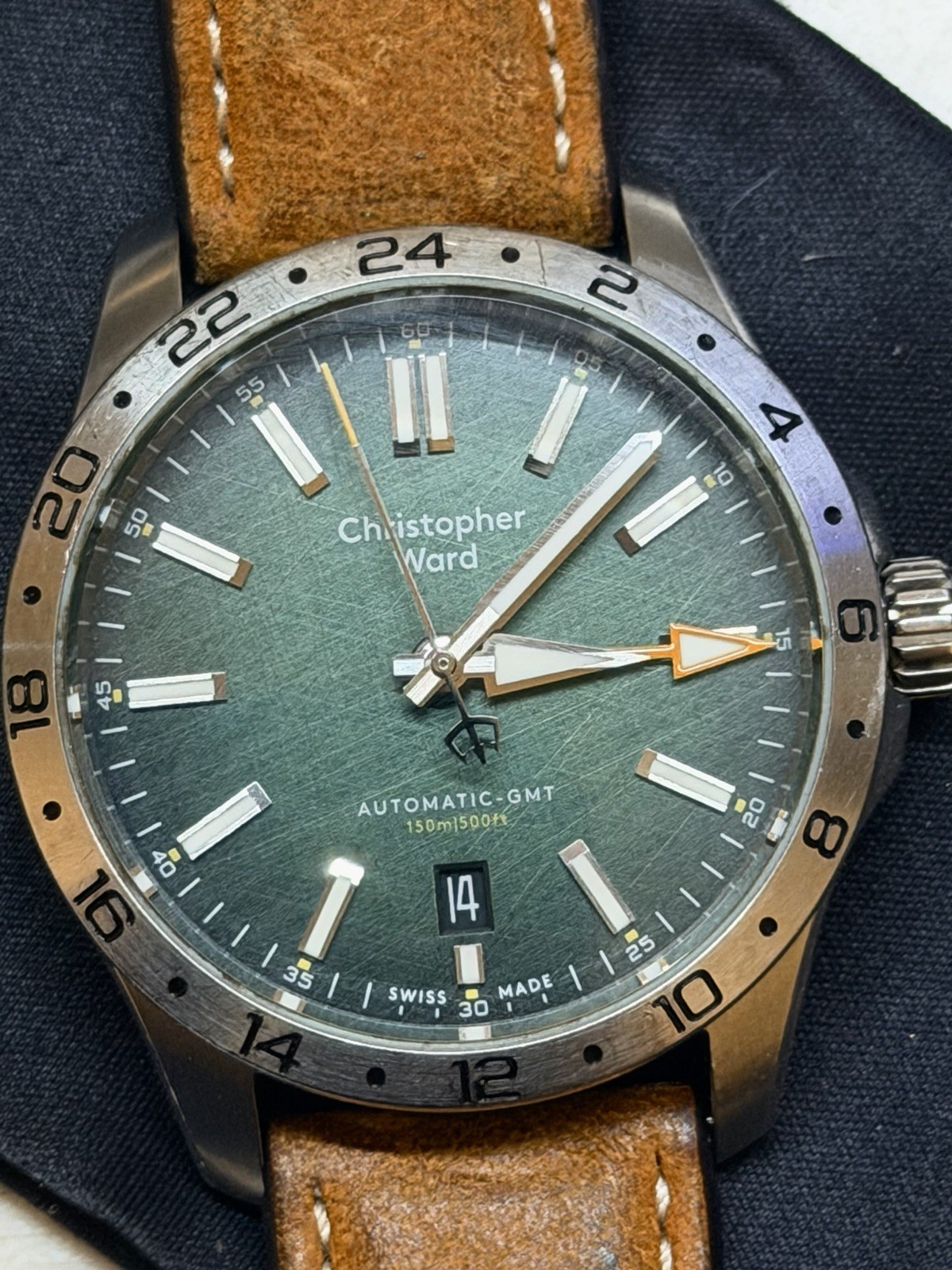 Christopher Ward C63 Sealander GMT Automatic 39mm Green on Brown Leather SW330-2