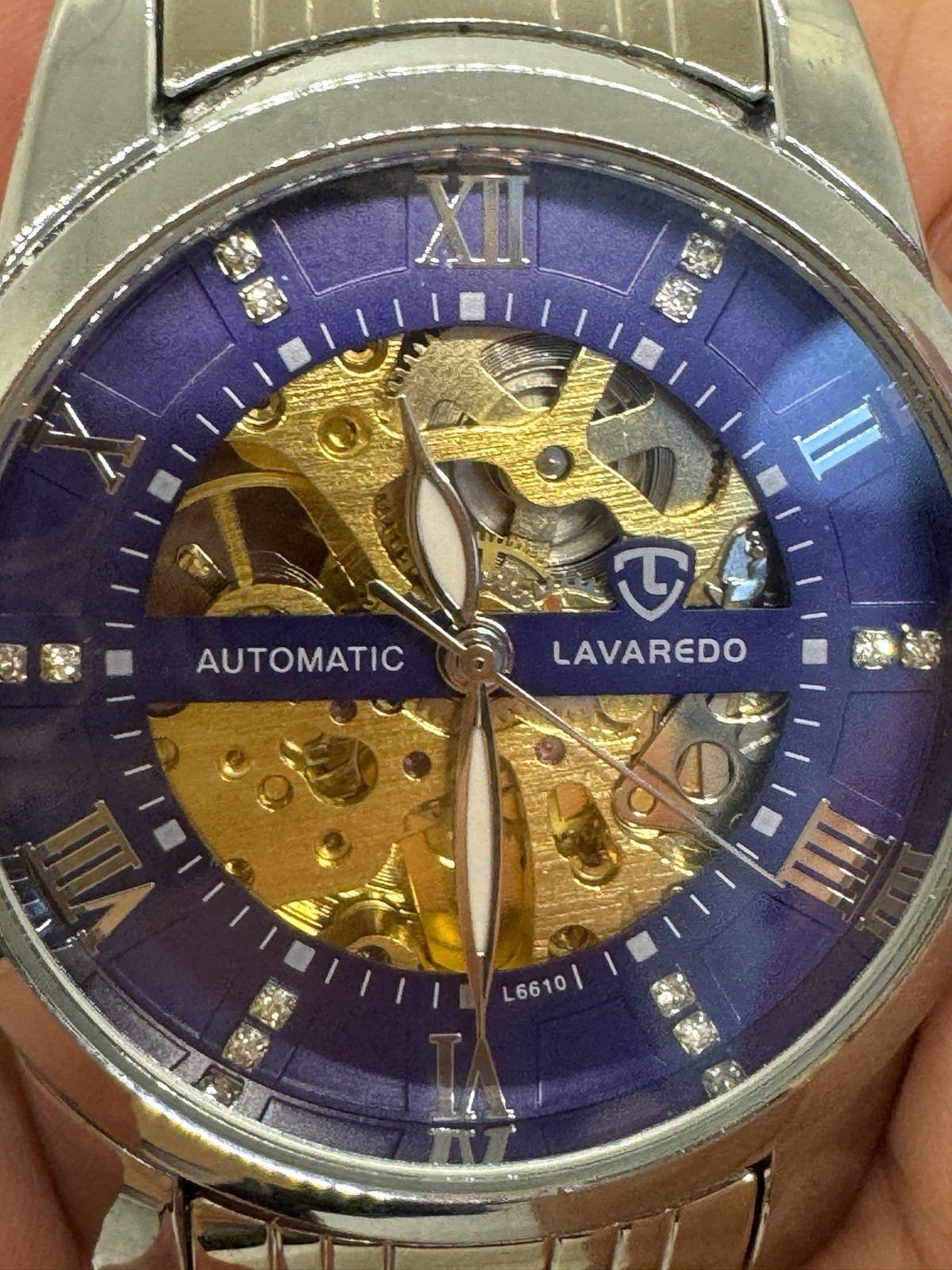Lavaredo Automatic Diamond Blue Dial Watch Silver Gold Skeleton WR