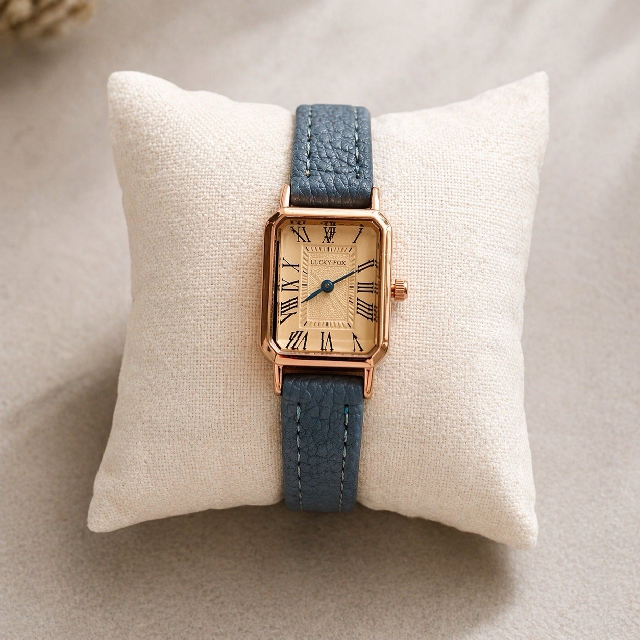 Women’s Rectangular Watch Rose Gold Blue Strap Roman Numerals New