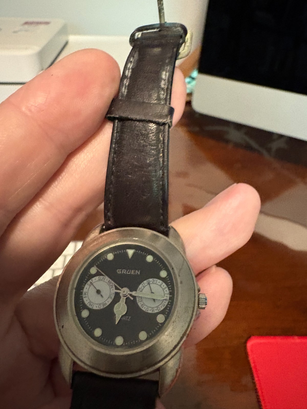 vintage mens water resistent gruen wrist watch black leather band