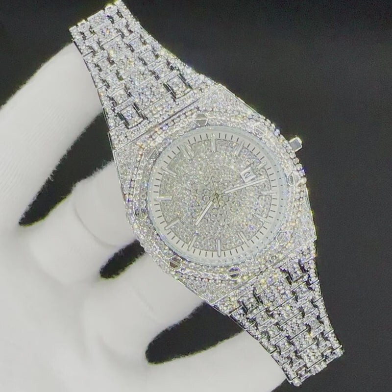 Luxury Bust Down Date VVS Iced Out Diamond Watch, Men’s Hip Hop Icy Watch