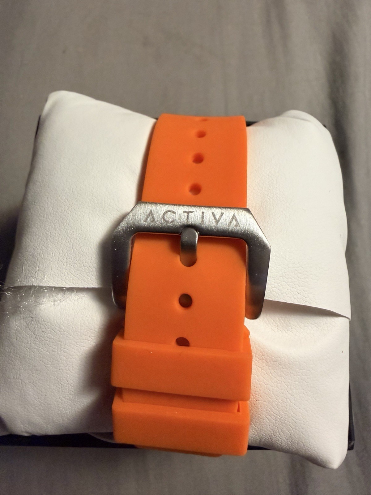 Activa Quartz Tonneau Chronograph Date Black Dial Orange Rubber Strap w/ Box