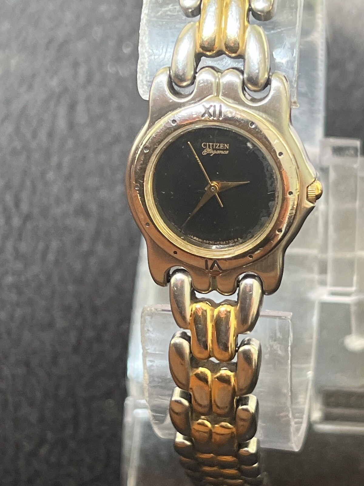 citizen elegance ladies watch, Plain Black Face Two Tone Stainless Steel Band.