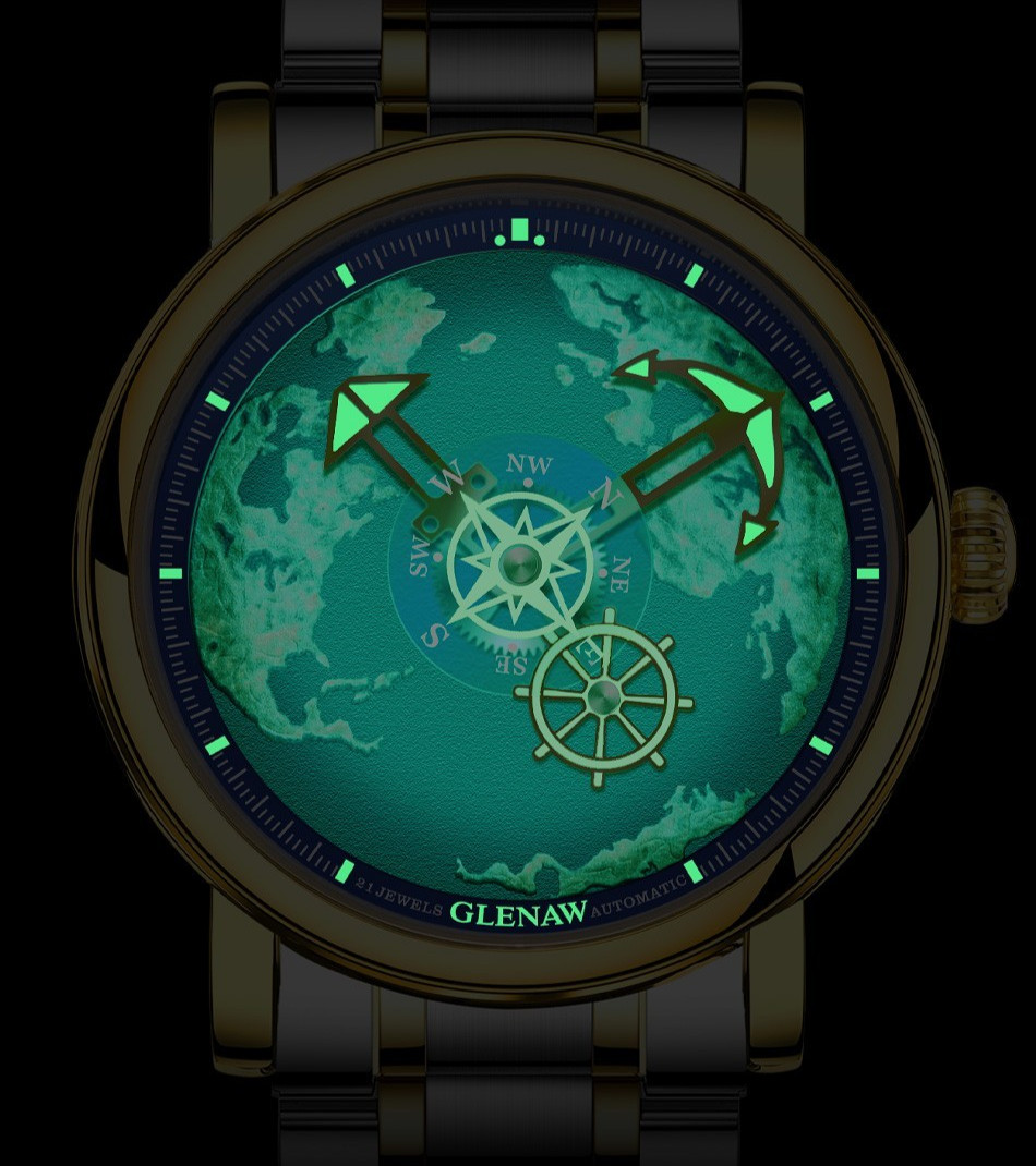 GLENAW Men’s Automatic Mechanical Watch Navigator Series Earth Dial Luminous