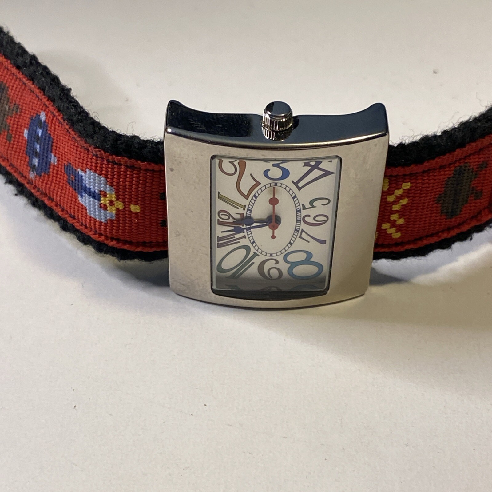 Quartz Wristwatch Silver Tone Rectangle Face Colorful Numbers Colored Nylon Band
