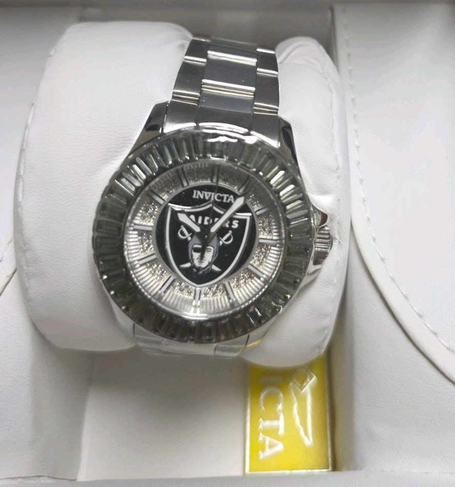 Invicta NFL Las Vegas Raiders Men’s 44mm Quartz 100m SS Bracelet Watch Box