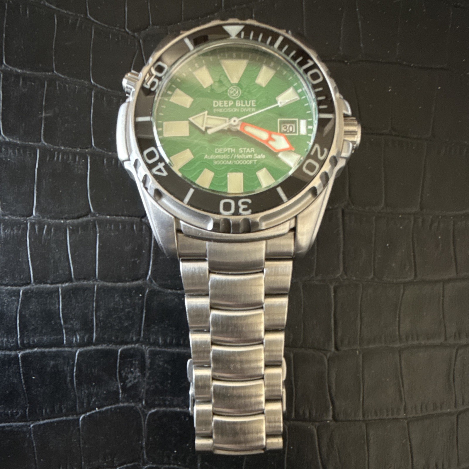 Deep Blue Depth Star Auto Diver 3000m Green Dial Steel Bracelet 45mm full set