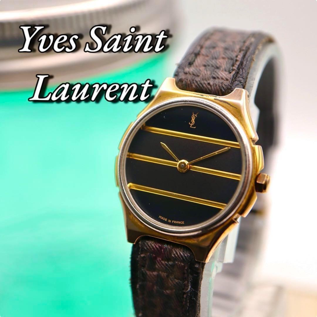Yves Saint Laurent Round Watch Quartz Women 24mm Wrist 16cm Black Gold Dial