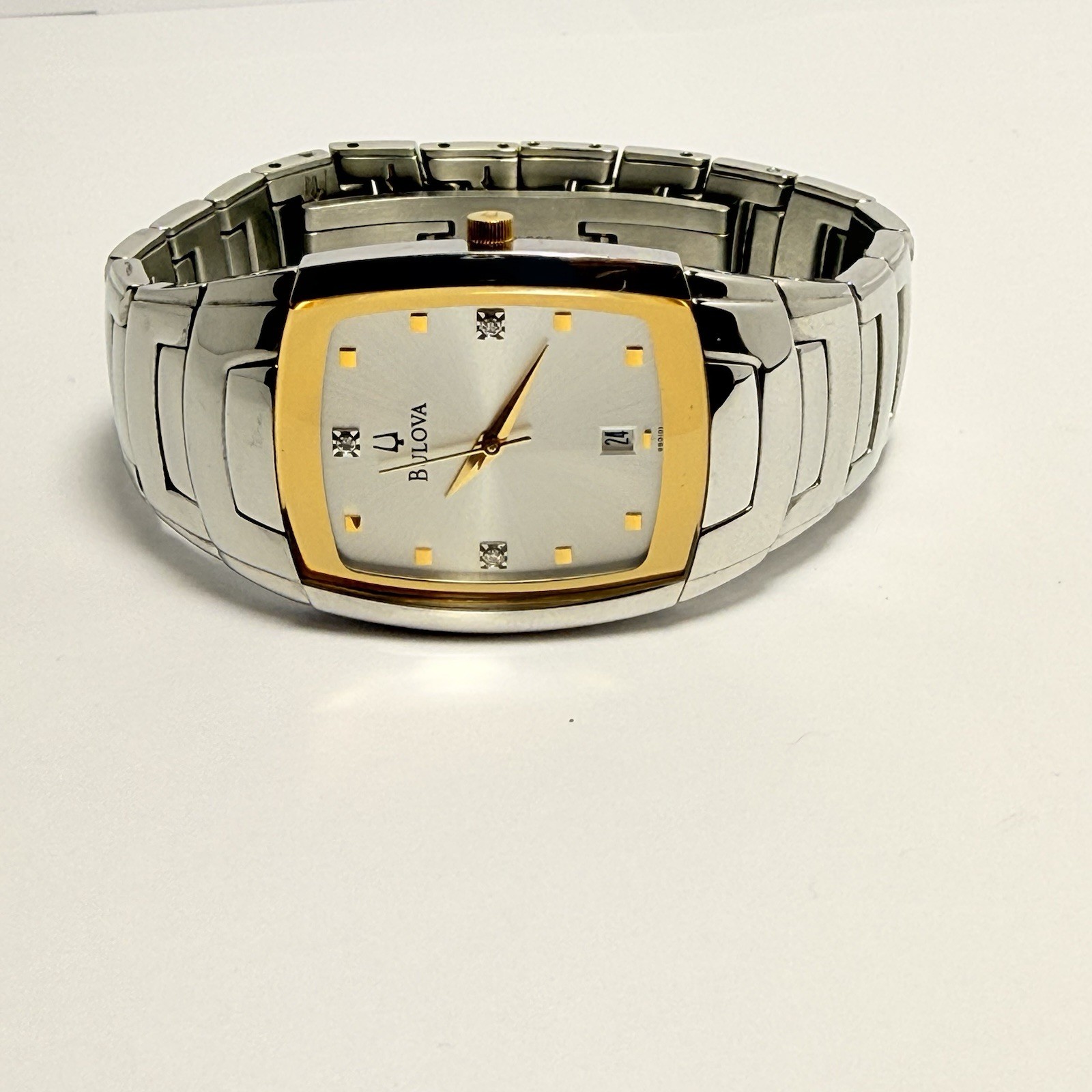 Bulova Men’s Two-Tone Rectangular Quartz Silver Dial SS Bracelet Date 30m