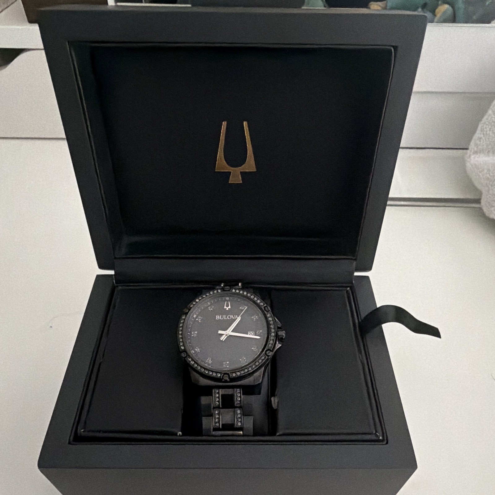 Bulova 98B426 Mens Crystal Accent Black Dial Watch | New | Original Box & Papers