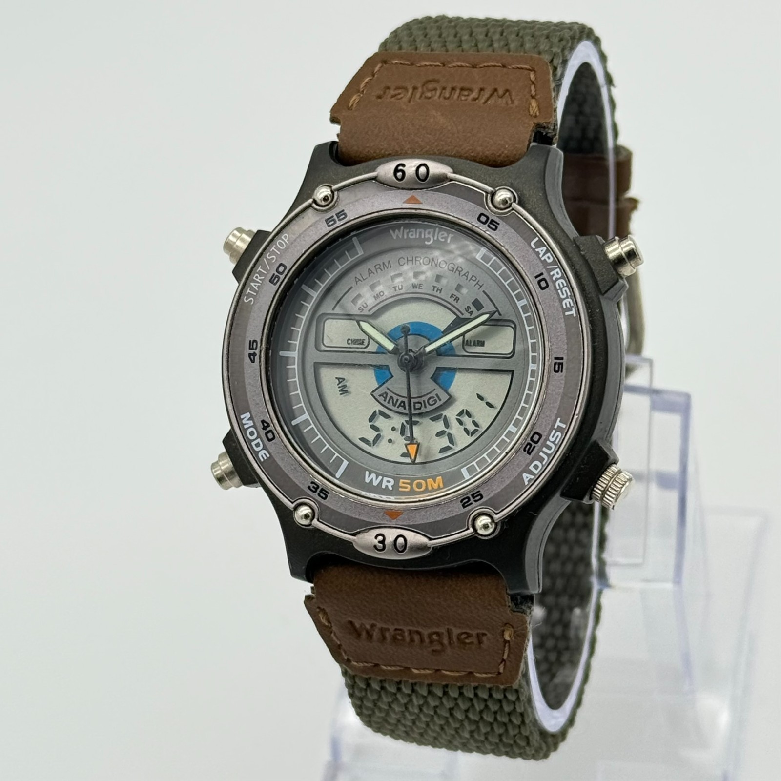 Men’s WRANGLER Dark Gray Analog-Digital Watch, Brown/Green Strap, 40mm, QA-70