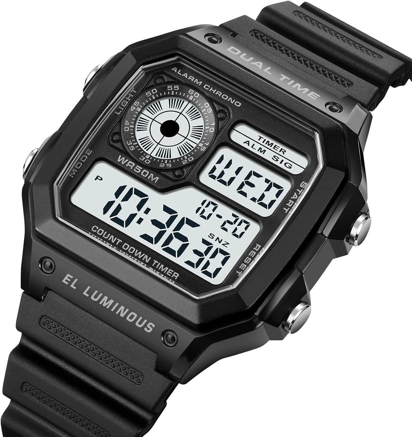 Men’S Digital Multi-Function Watches Dual Time Alarm Stopwatch Countdown Backlig