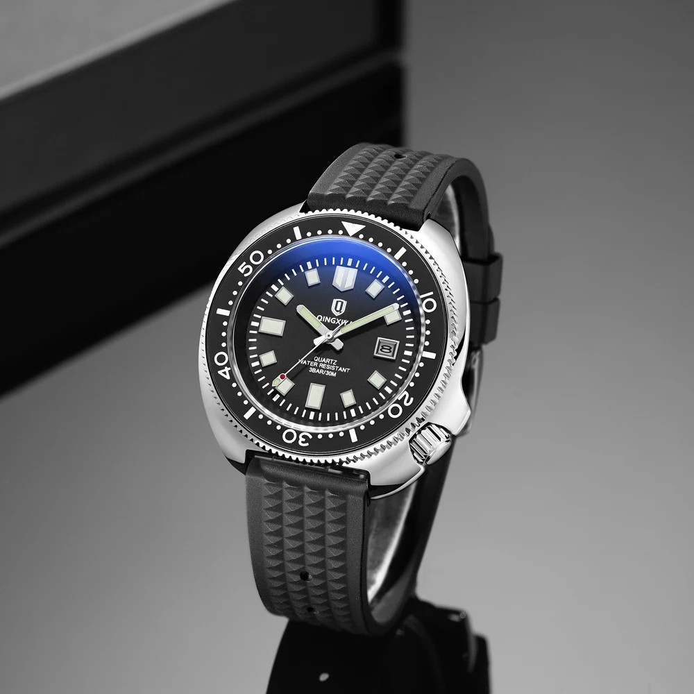Quartz Men’s Watch 44MM QINGXIYA Tuna Silicone 30M Waterproof Date Luminous