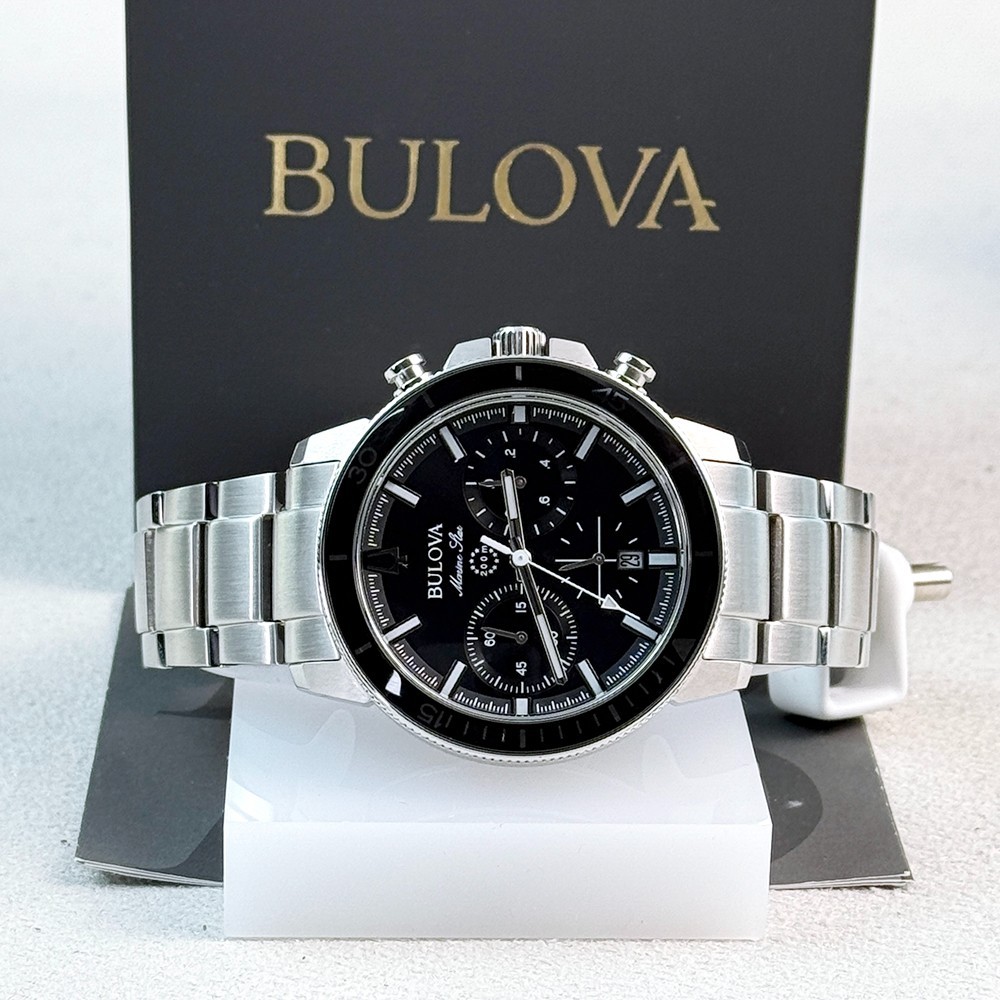 Bulova Men’s Marine Star Chronograph Black Dial Stainless Quartz Watch 96B272
